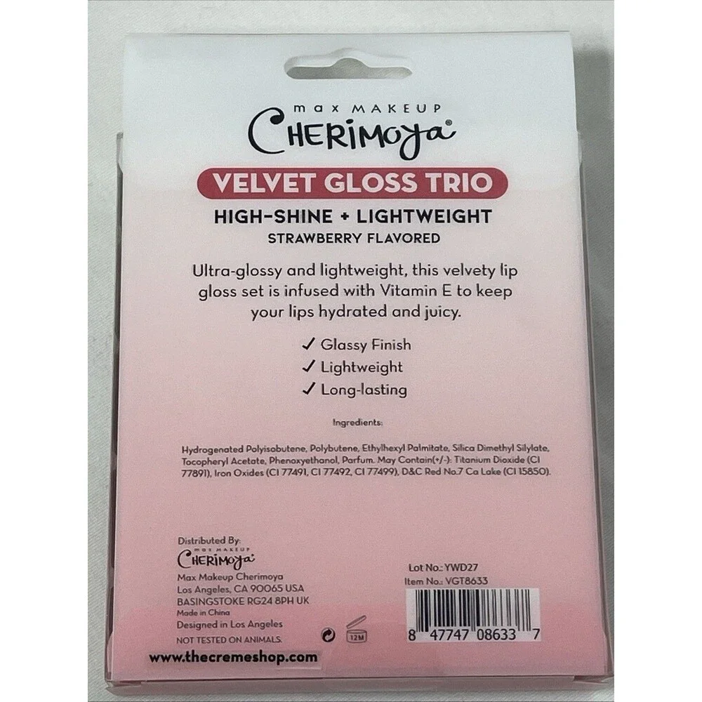 2 Max Make-Up Cherimoya Velvet Lip Gloss Trio High-Shine Strawberry 3 Pk/Ea NEW